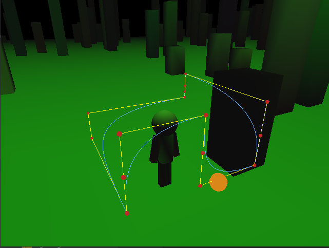 A5 image of character surrounded by a bezier curve system and cage with a sphere floating around the system