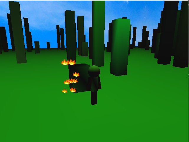 A6 image of character within the world with flame particles on the side with a skybox of the sky in the background