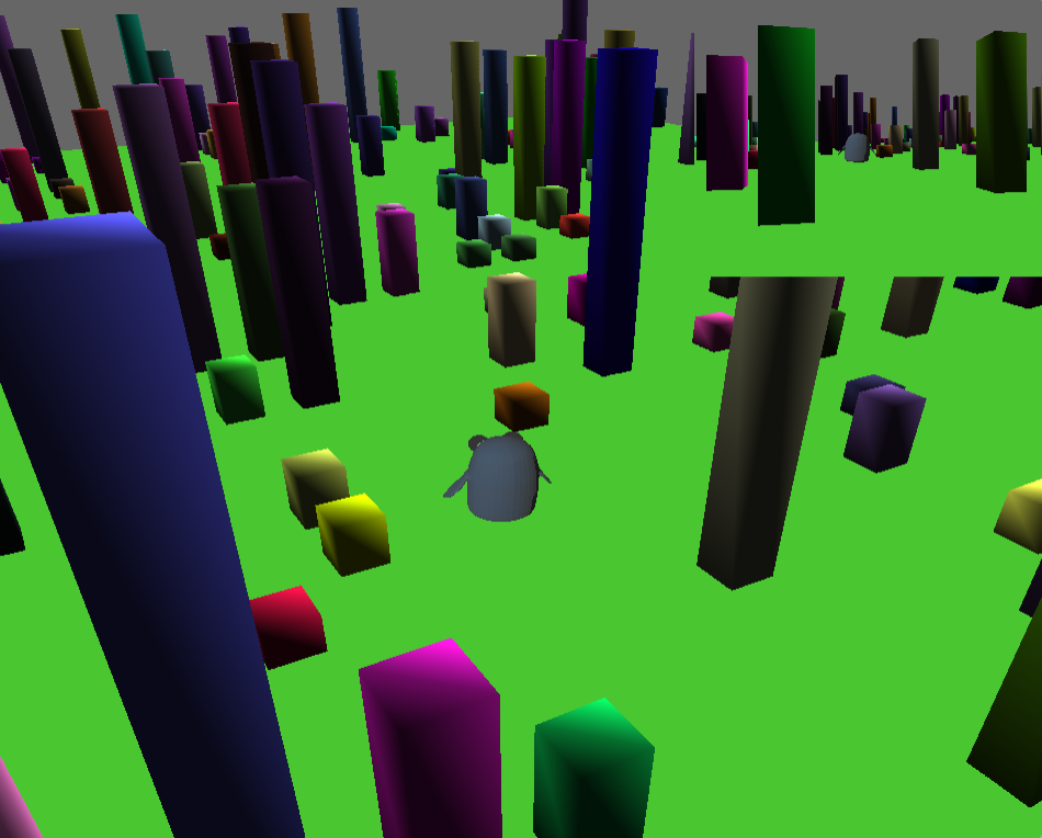 A penguin in a city of multicolor boxes.