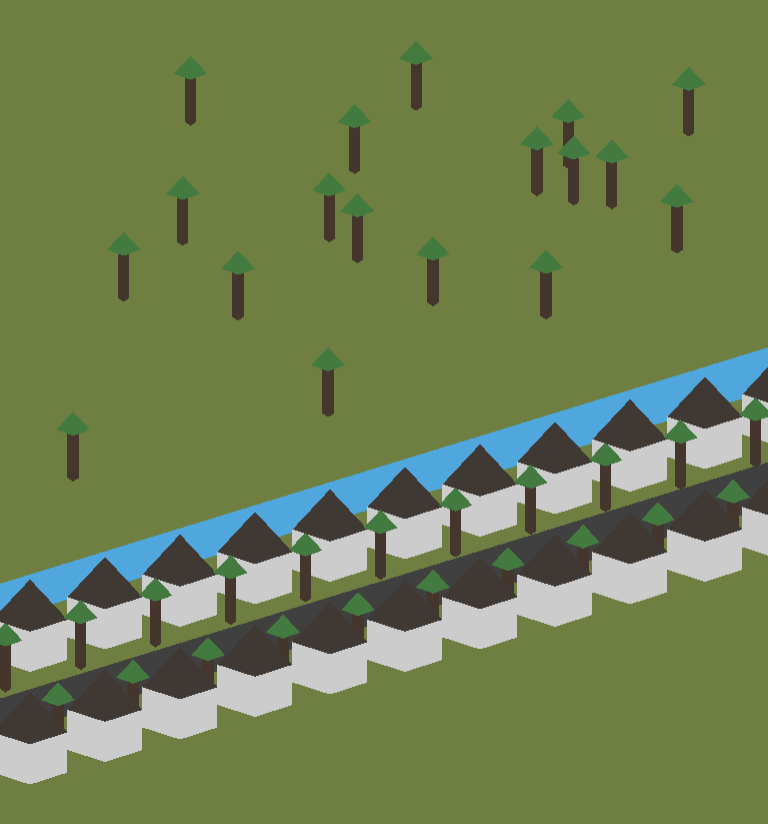 Houses lining a street, in front of a canal separating the neighborhood from a grassy area.