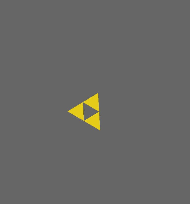 A small Triforce, askew on a gray background.