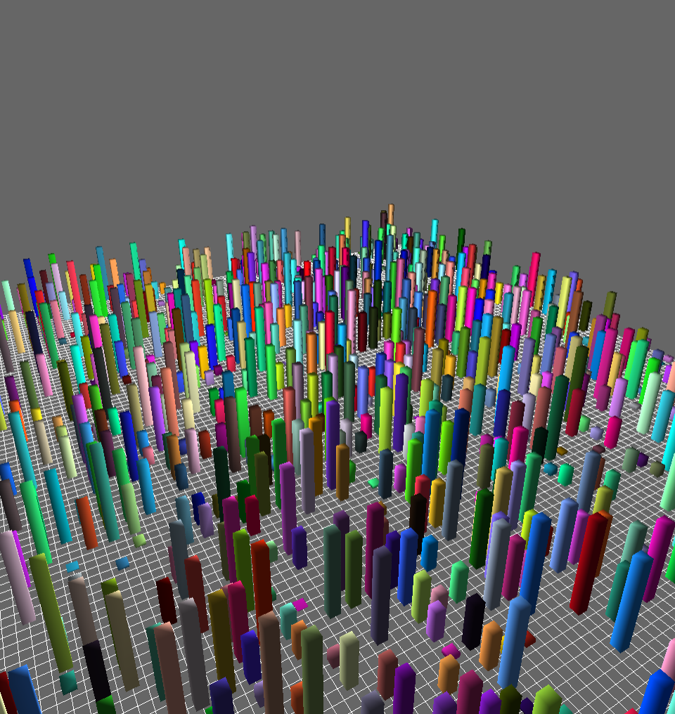 Looking down at cylinders of various sizes and colors on a gray grid.