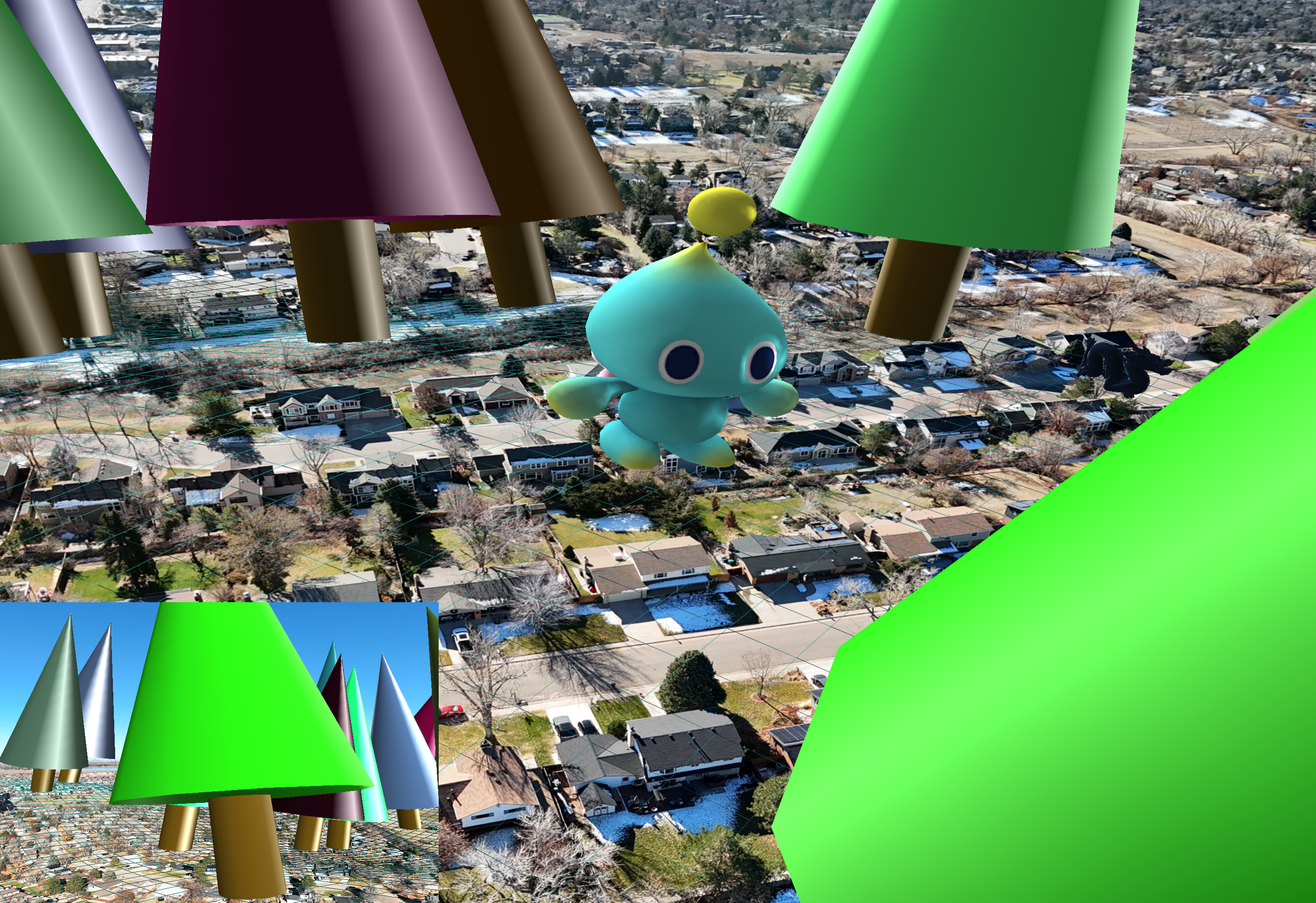 A Chao stands in a forest with dragons and bunnies.