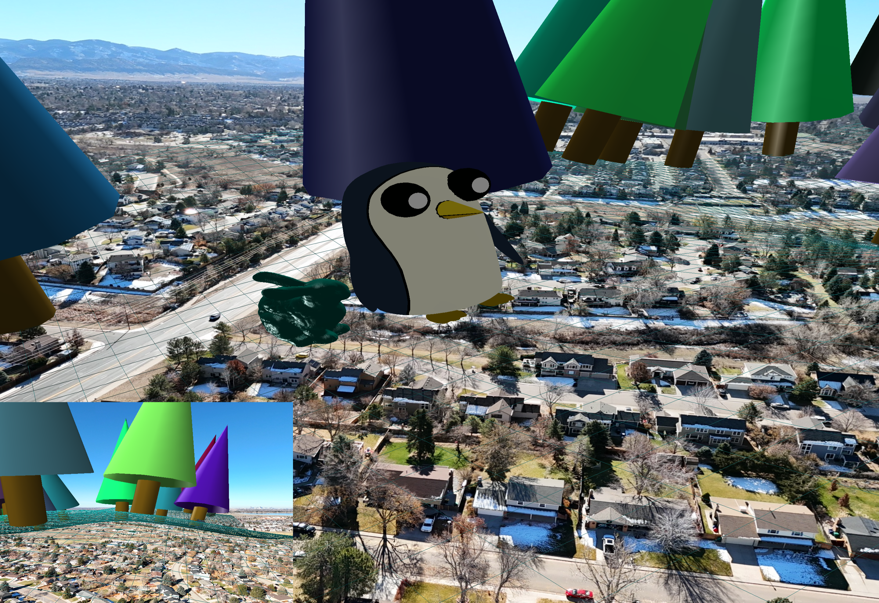 A penguin stands next to a green rabbit.