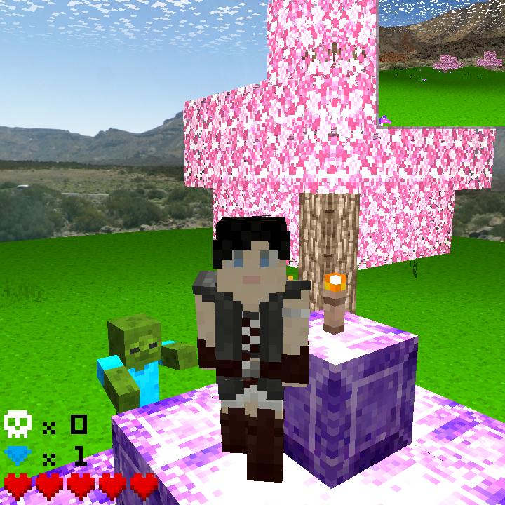 Voxel player character in front of tree and amethyst pyramid