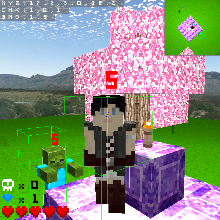 Voxel player character in front of tree and amethyst pyramid