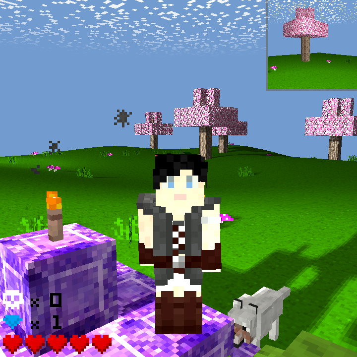 Voxel player character in front of tree and amethyst pyramid