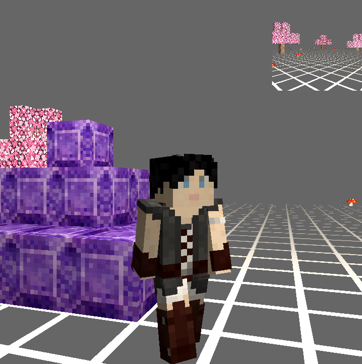 Voxel player character in front of tree and amethyst pyramid