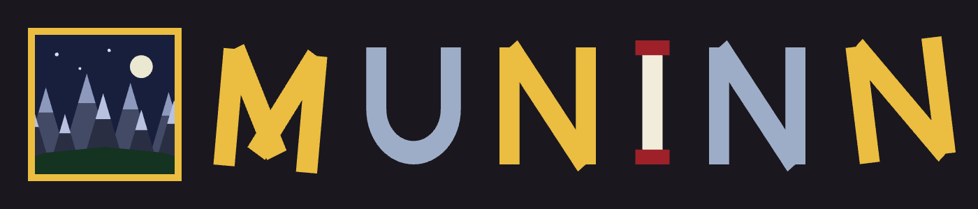 A 700 by 150 shop banner: a gold-framed crest of a moonlit mountain range, beside the name MUNINN.