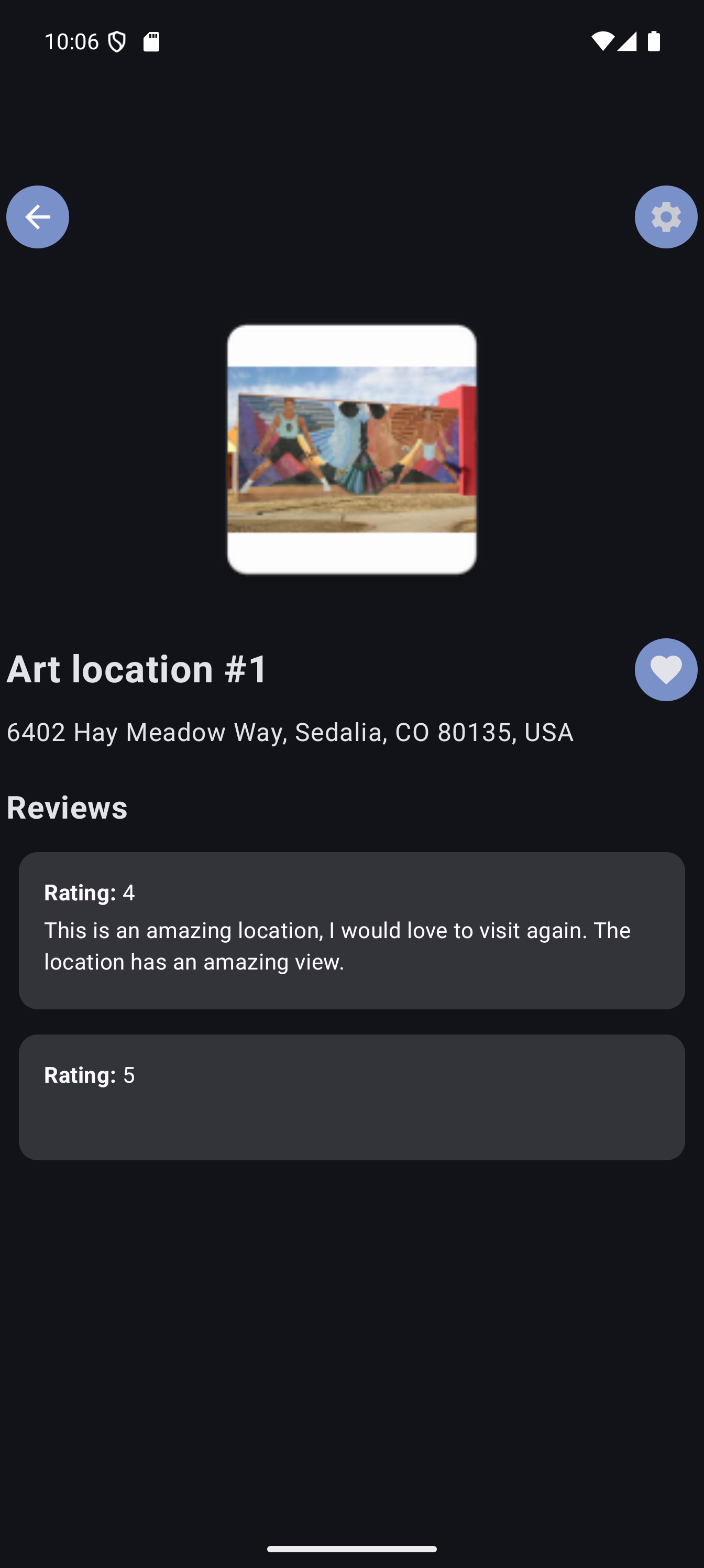 A photograph of an artwork. Its address is listed, with reviews below.