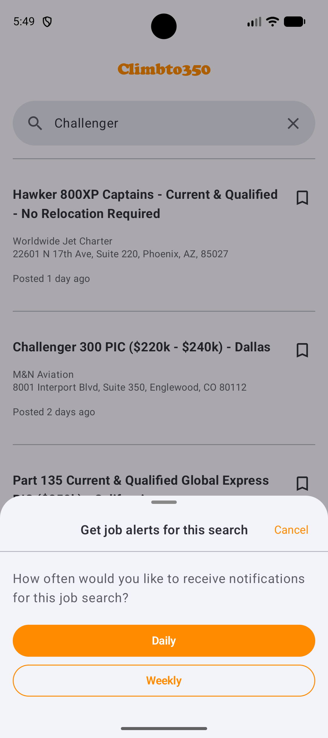 Job alerts daily or weekly in Climbto350