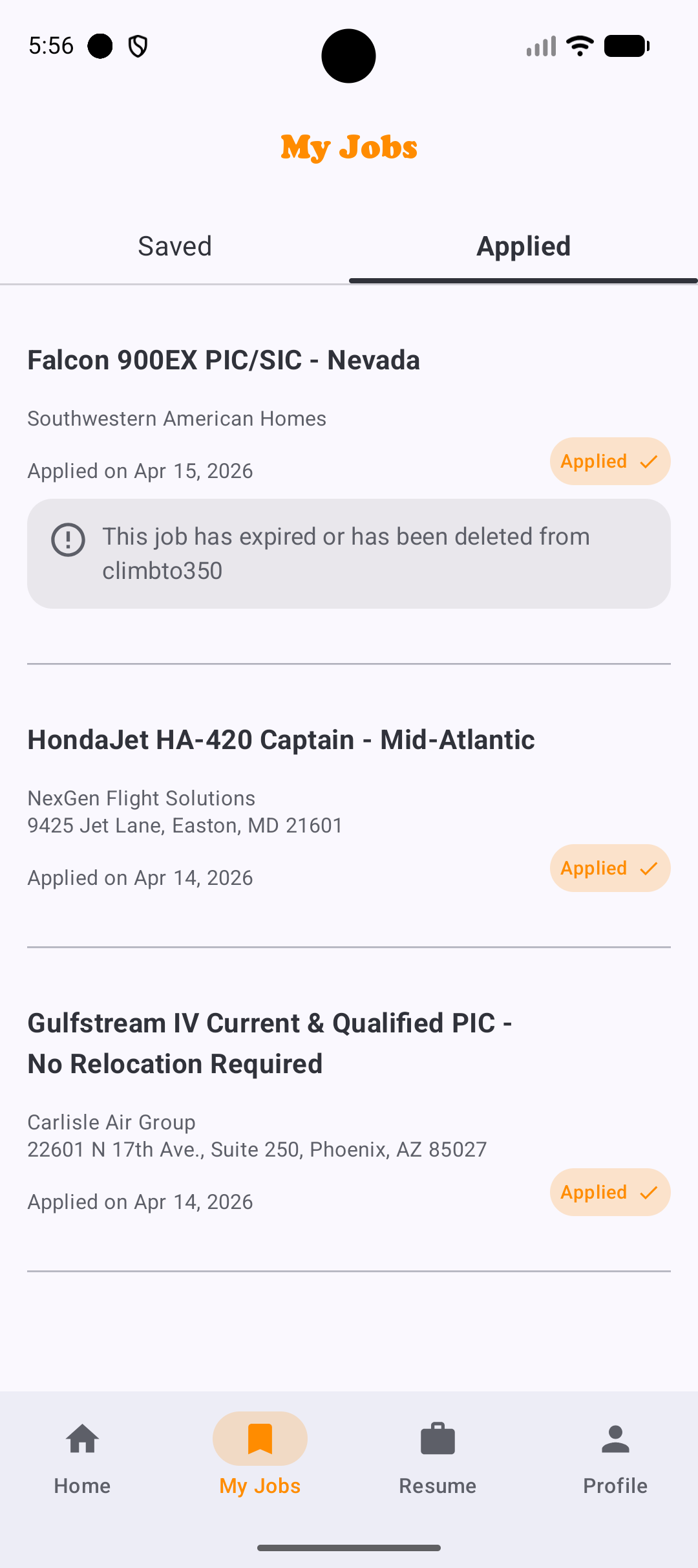 Saved and applied jobs in Climbto350