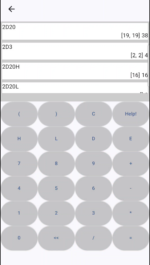 Dice calculator with some calculations shown