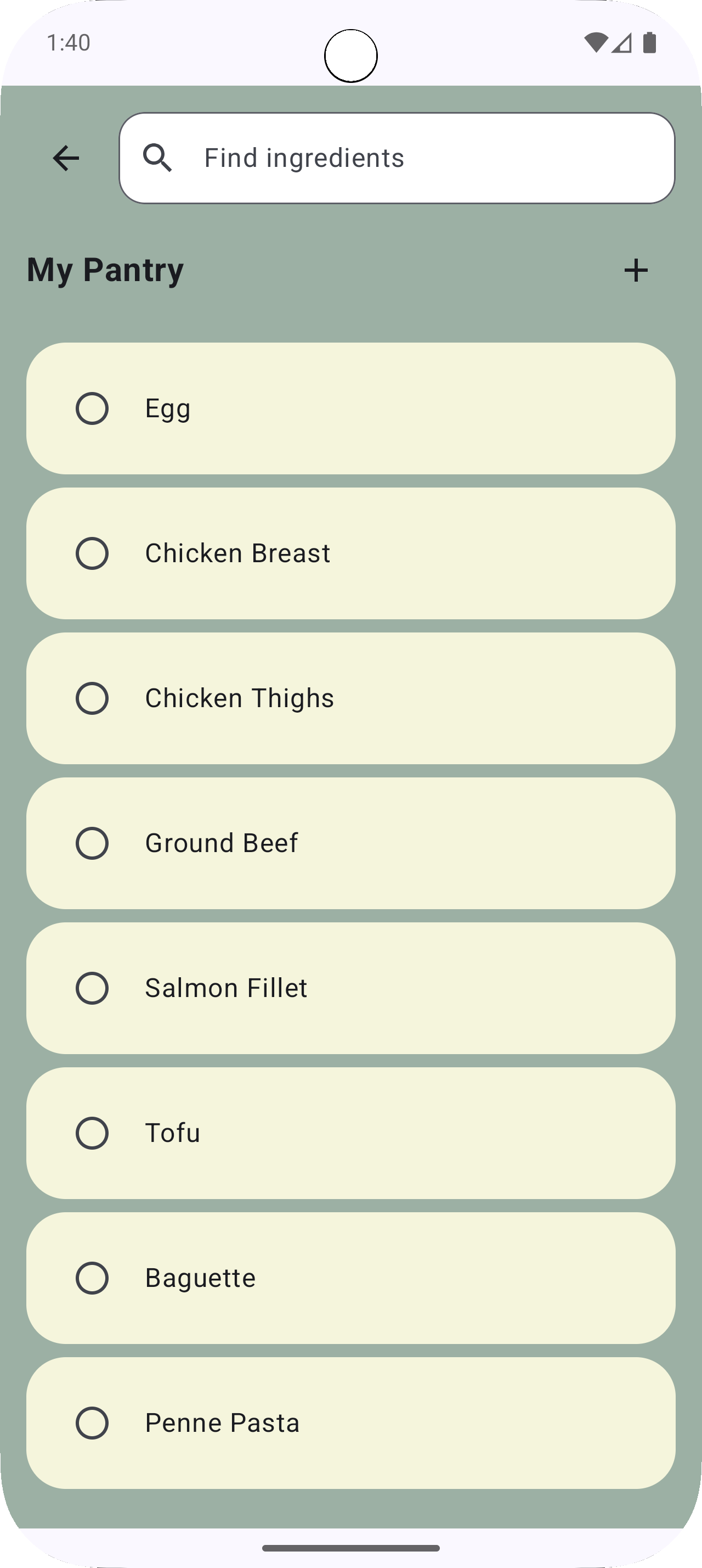 Screenshot of PantryChefs ingredients screen