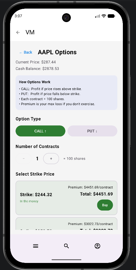 Options screen