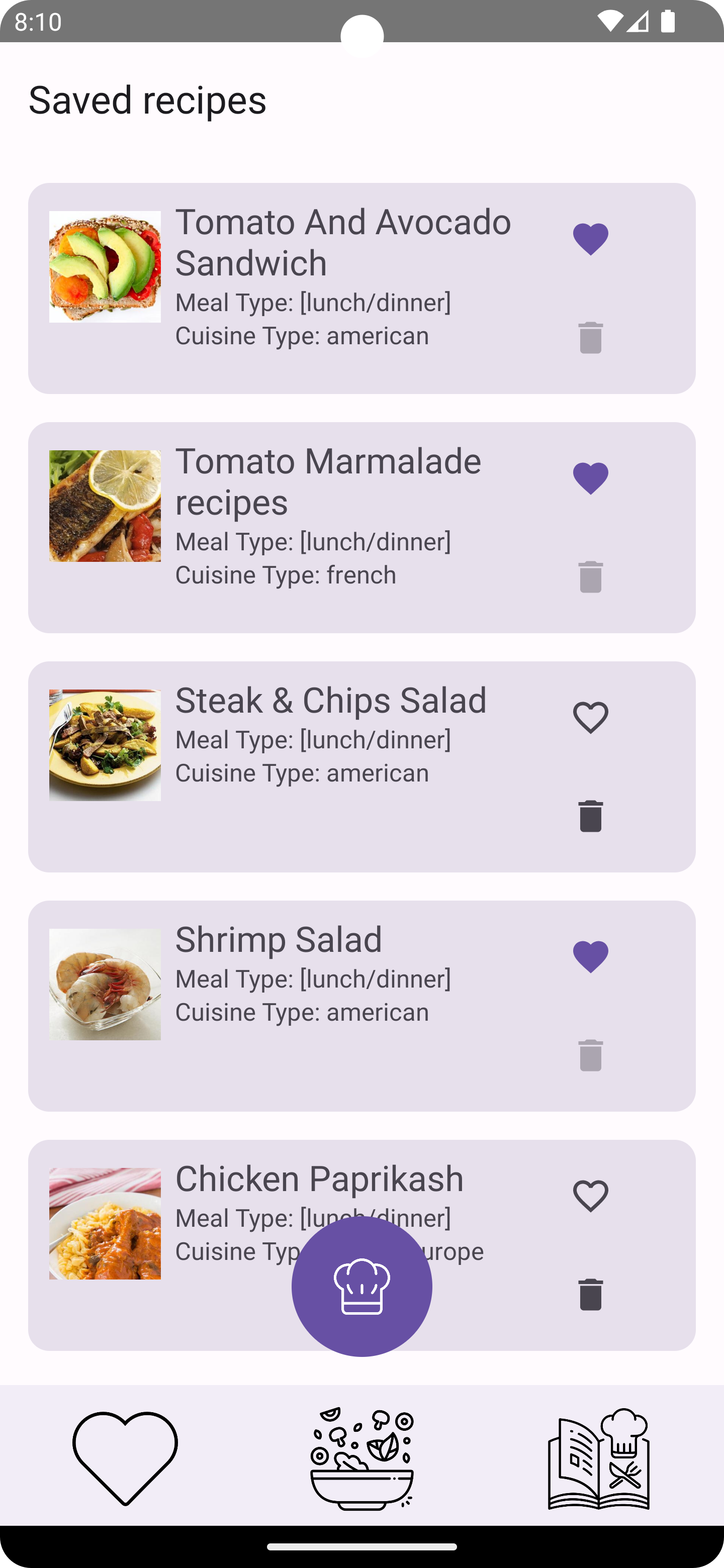 Saved Recipes Screen
